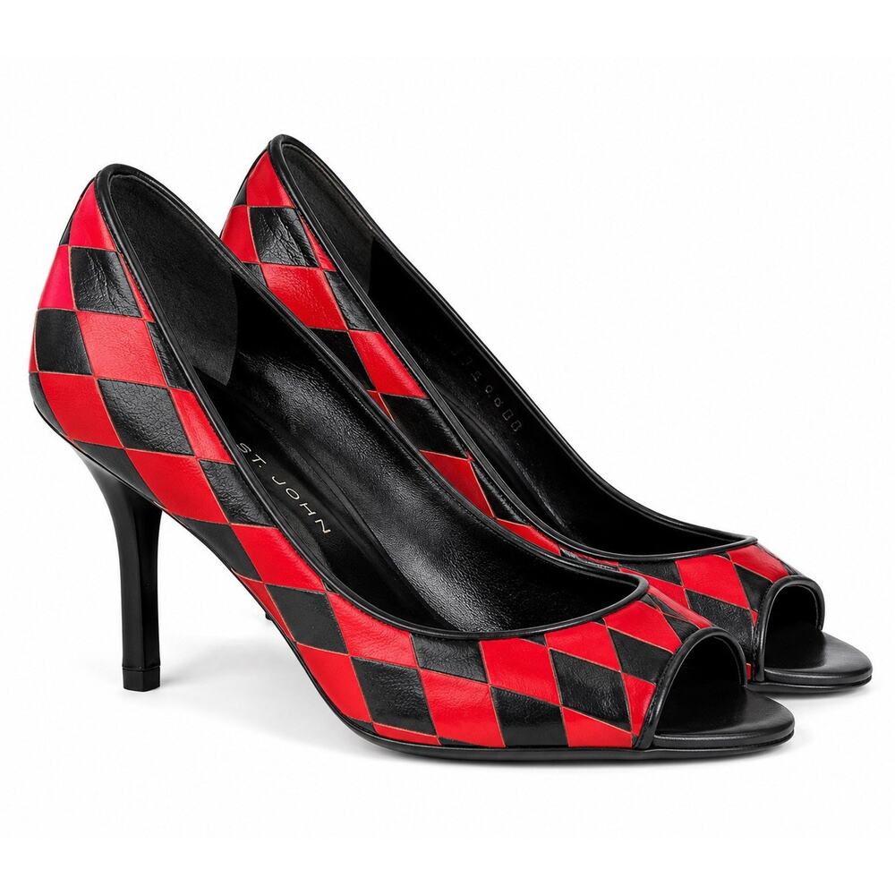 St. John Peep Toe Heels Red Black Diamond Leather Pumps Italy 7B Harlequin